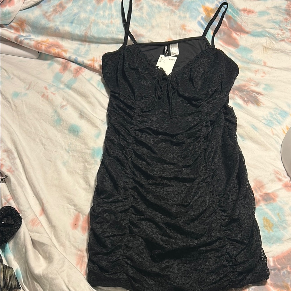 Divided Black Ruched Mini Slip Dress